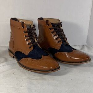 Unze London Men's Two-Tone Brogue Wingtip Boots in Brown and Navy